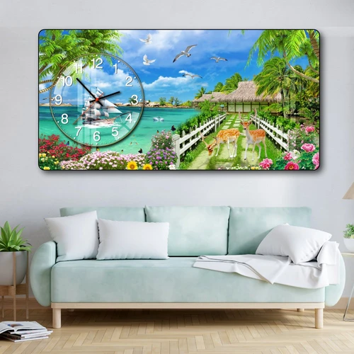 Tranh Đồng Hồ Nổi 3D Thuận Buồm Xuôi Gió Và Đôi Hươu Vàng