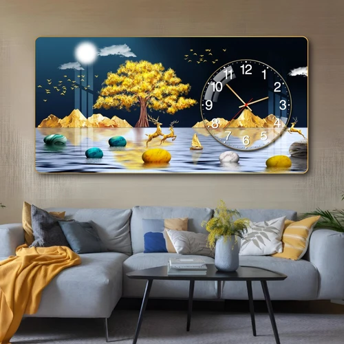 Tranh Đồng Hồ Nổi 3D Cây Vàng Phú Quý và Hươu Dưới Ánh Trăng