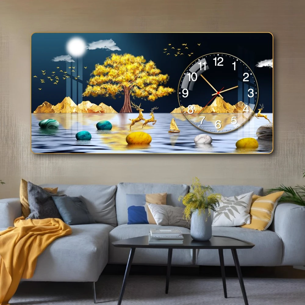 Tranh Đồng Hồ Nổi 3D Cây Vàng Phú Quý và Hươu Dưới Ánh Trăng