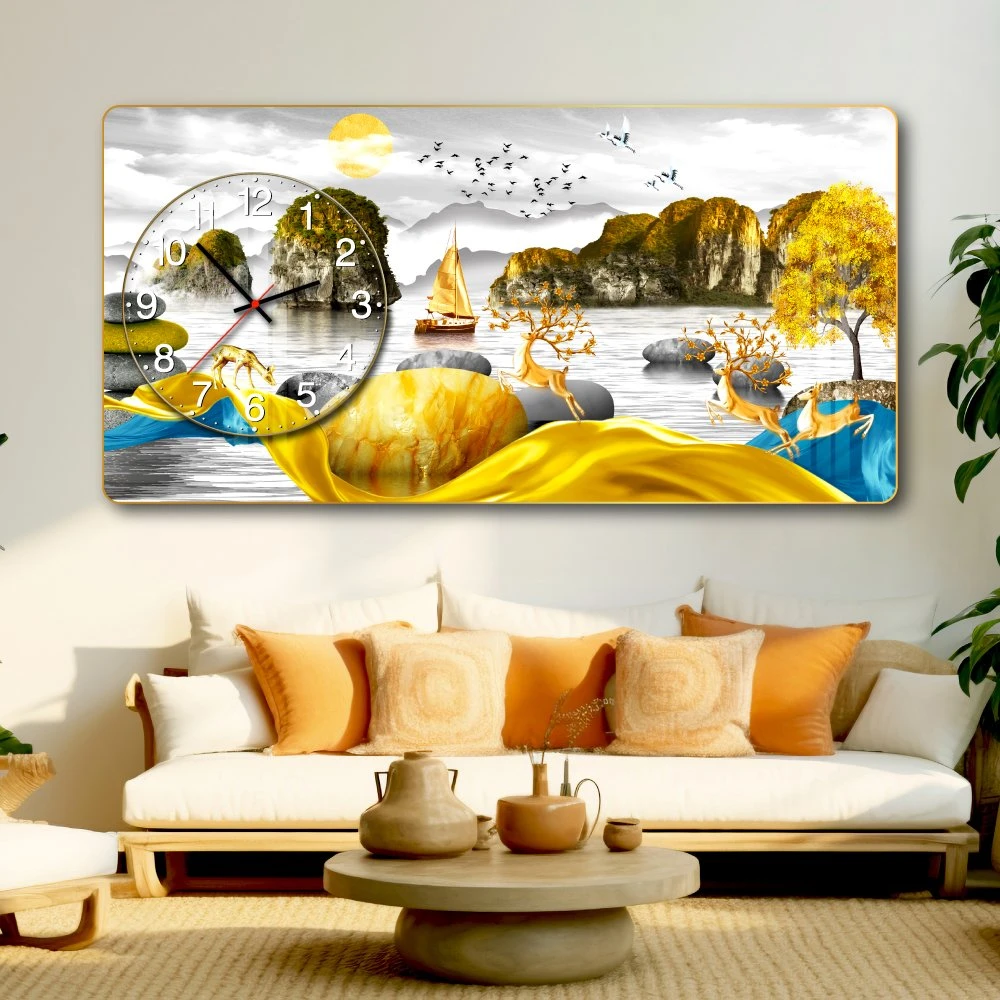 Tranh Đồng Hồ Nổi 3D Những Chú Hươu Vàng Hòa Quyện Giữa Thiên Nhiên