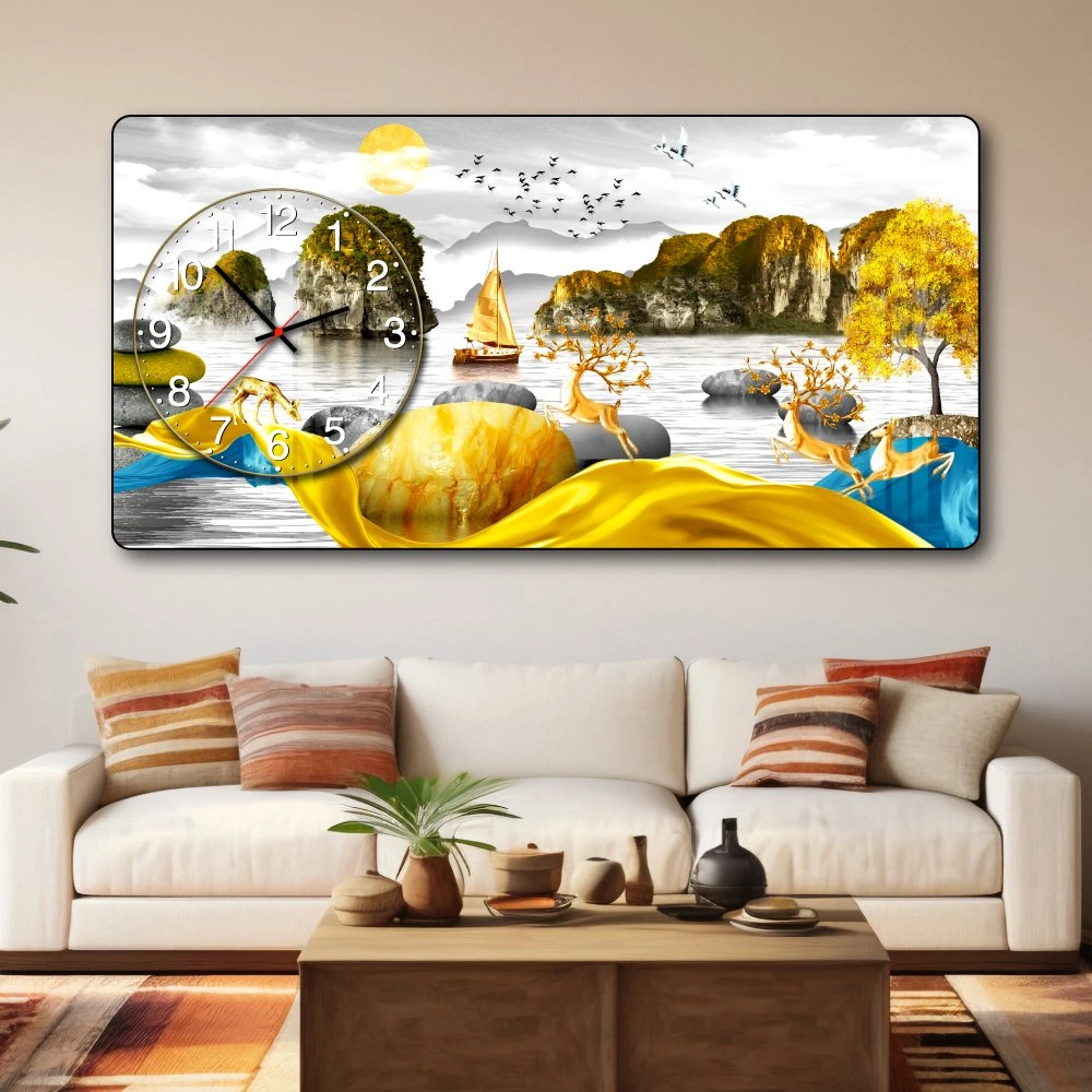 Tranh Đồng Hồ Nổi 3D Những Chú Hươu Vàng Hòa Quyện Giữa Thiên Nhiên