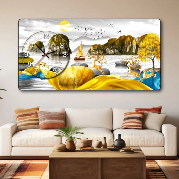 Tranh Đồng Hồ Nổi 3D Những Chú Hươu Vàng Hòa Quyện Giữa Thiên Nhiên