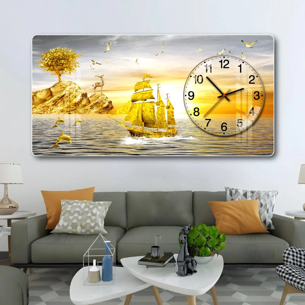 Tranh Đồng Hồ Nổi 3D Thuyền Vàng Và Hoàng Hôn Trên Biển
