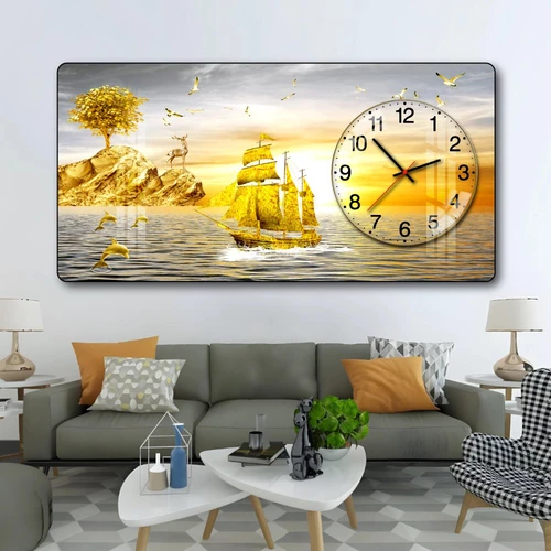 Tranh Đồng Hồ Nổi 3D Thuyền Vàng Và Hoàng Hôn Trên Biển