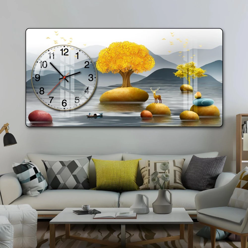 Tranh Đồng Hồ Nổi 3D Cây Kim Tiền Và Hươu Vàng Phú Quý