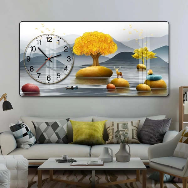 Tranh Đồng Hồ Nổi 3D Cây Kim Tiền Và Hươu Vàng Phú Quý