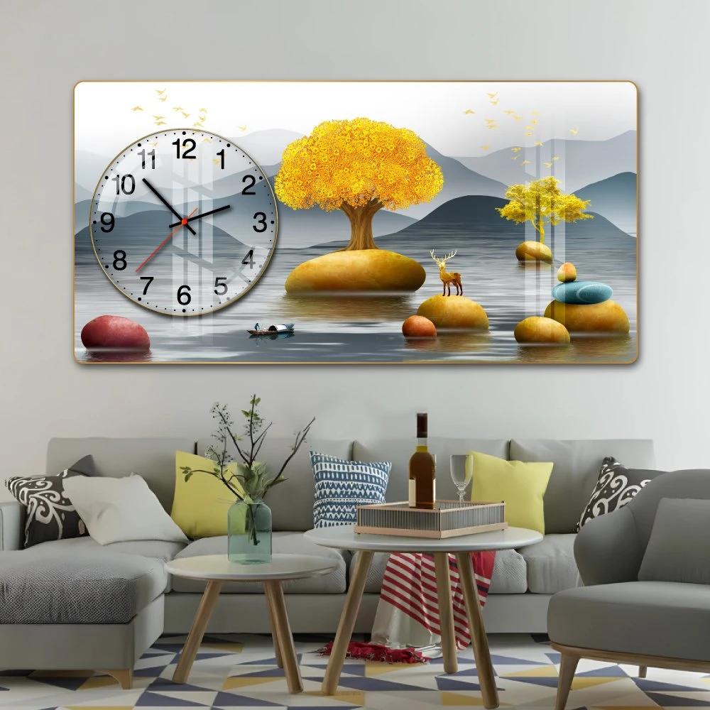 Tranh Đồng Hồ Nổi 3D Cây Kim Tiền Và Hươu Vàng Phú Quý