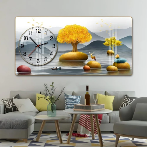 Tranh Đồng Hồ Nổi 3D Cây Kim Tiền Và Hươu Vàng Phú Quý