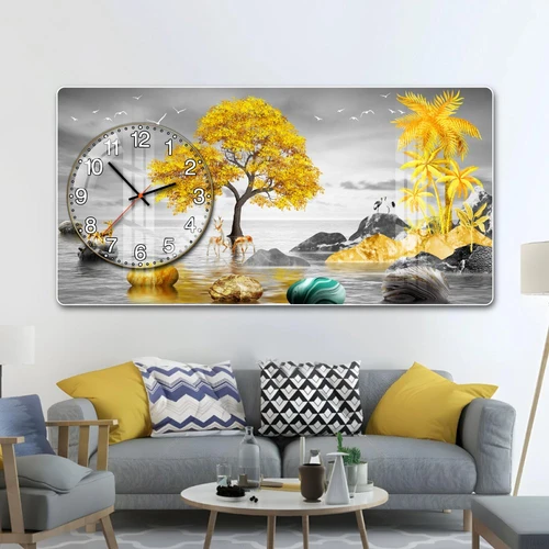 Tranh Đồng Hồ Nổi 3D Cây Vàng Và Đôi Hươu Phú Quý