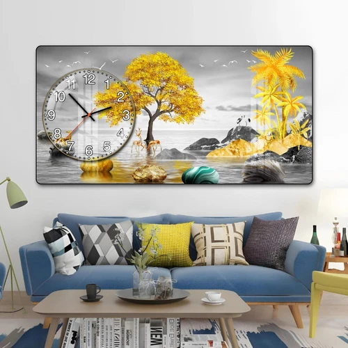 Tranh Đồng Hồ Nổi 3D Cây Vàng Và Đôi Hươu Phú Quý