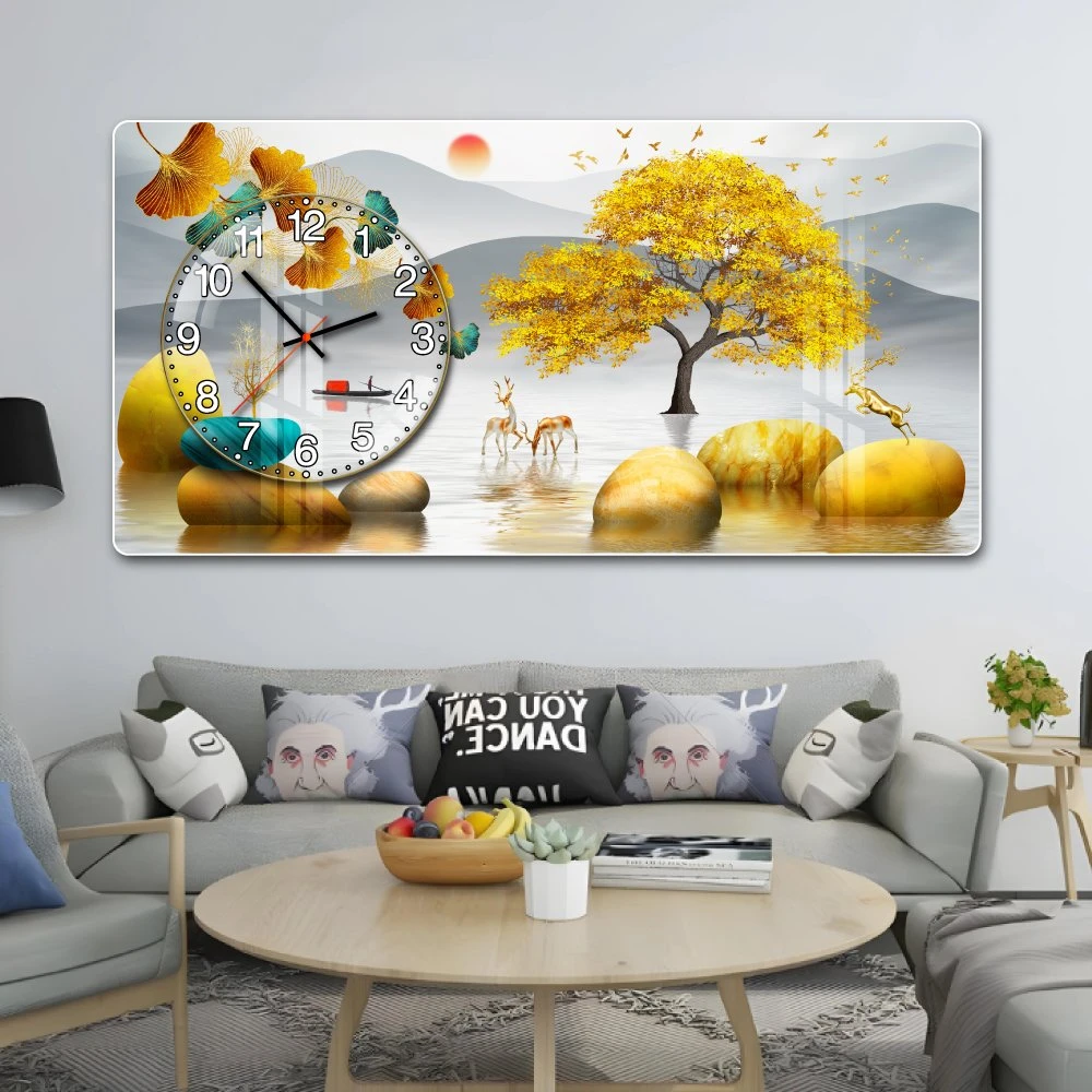 Tranh Đồng Hồ Nổi 3D Những Chú Hươu Vàng Và Cây Kim Tiền Phú Quý