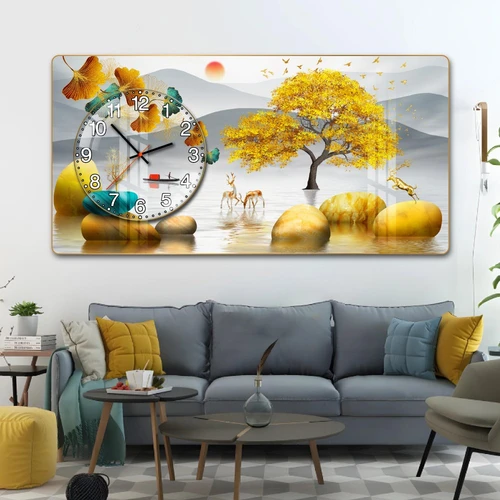 Tranh Đồng Hồ Nổi 3D Những Chú Hươu Vàng Và Cây Kim Tiền Phú Quý