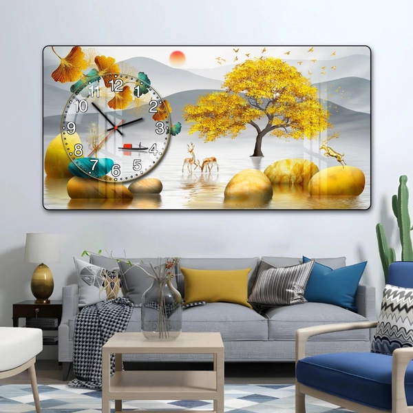 Tranh Đồng Hồ Nổi 3D Những Chú Hươu Vàng Và Cây Kim Tiền Phú Quý