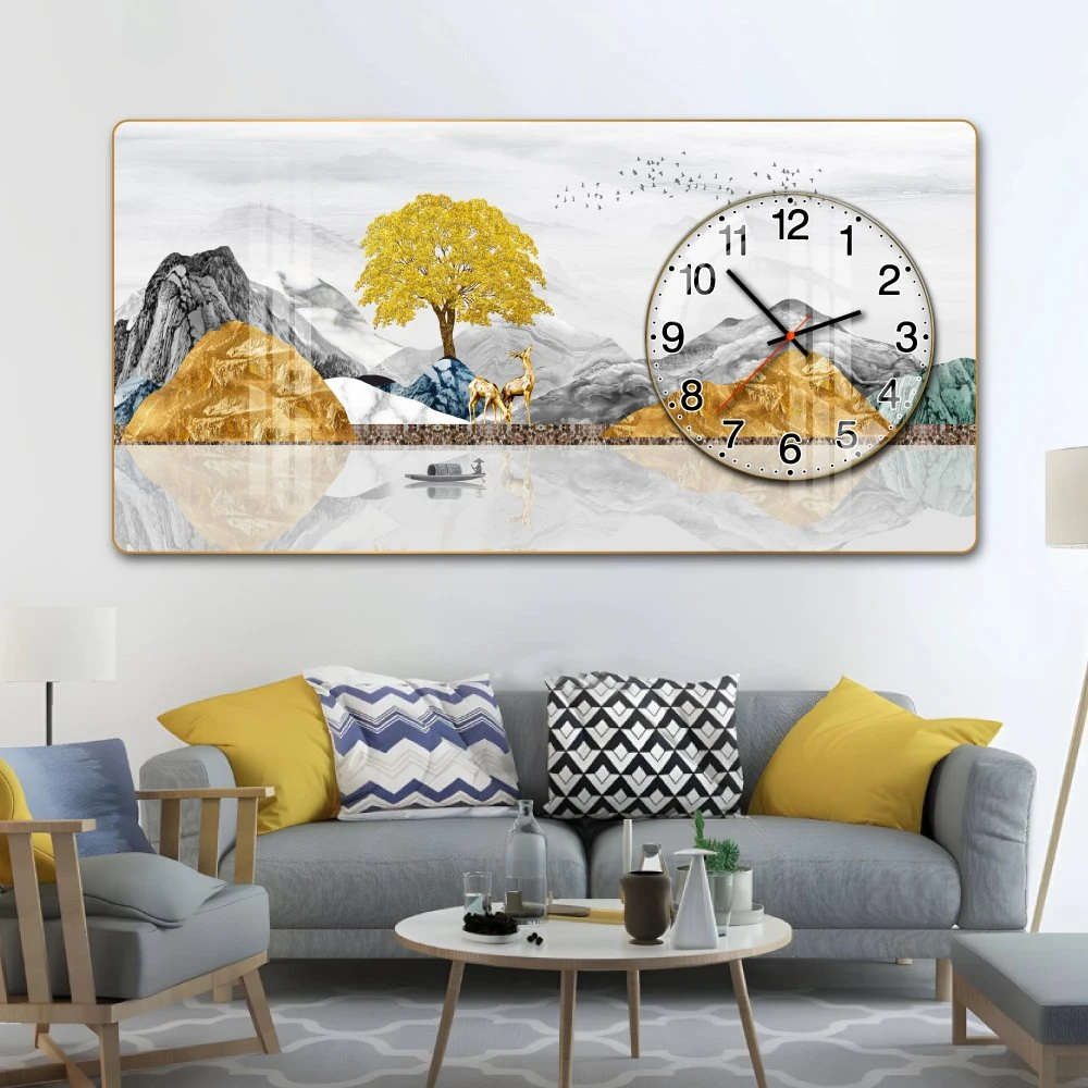 Tranh Đồng Hồ Nổi 3D Núi Sông Trùng Điệp và Hươu Vàng Dưới Trăng