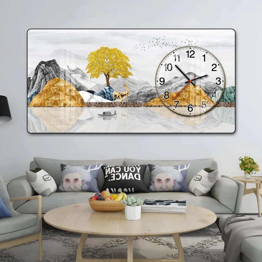 Tranh Đồng Hồ Nổi 3D Núi Sông Trùng Điệp và Hươu Vàng Dưới Trăng