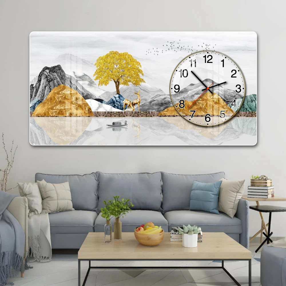 Tranh Đồng Hồ Nổi 3D Núi Sông Trùng Điệp và Hươu Vàng Dưới Trăng