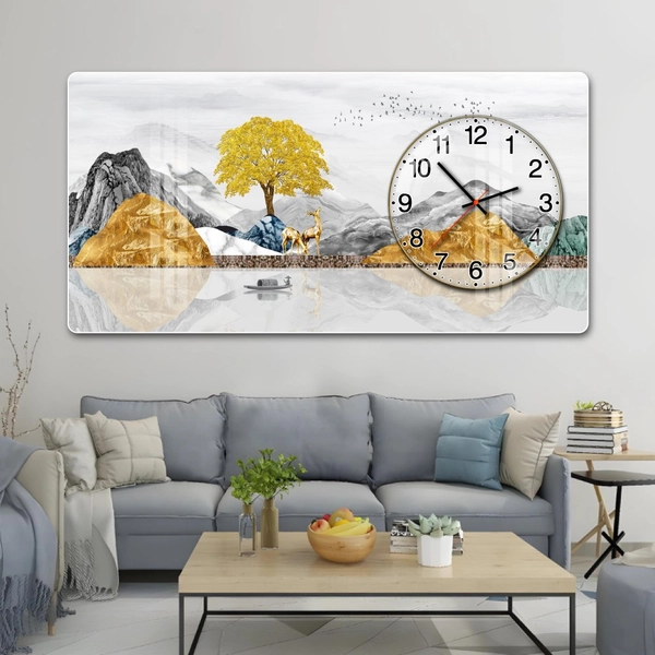 Tranh Đồng Hồ Nổi 3D Núi Sông Trùng Điệp và Hươu Vàng Dưới Trăng