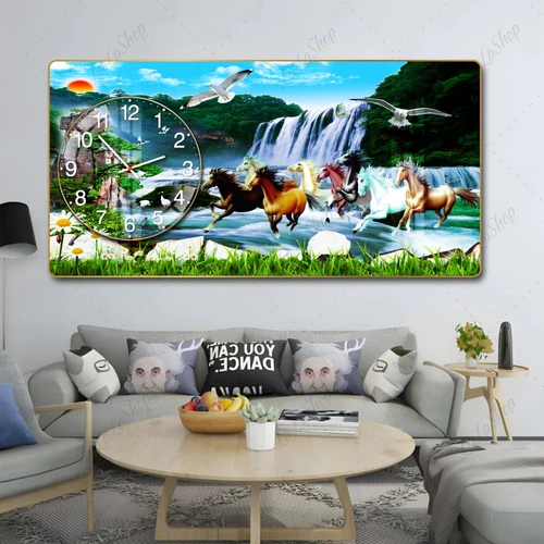 Tranh Đồng Hồ Nổi 3D Mã Đáo Thành Công Bên Thác Nước Hùng Vĩ