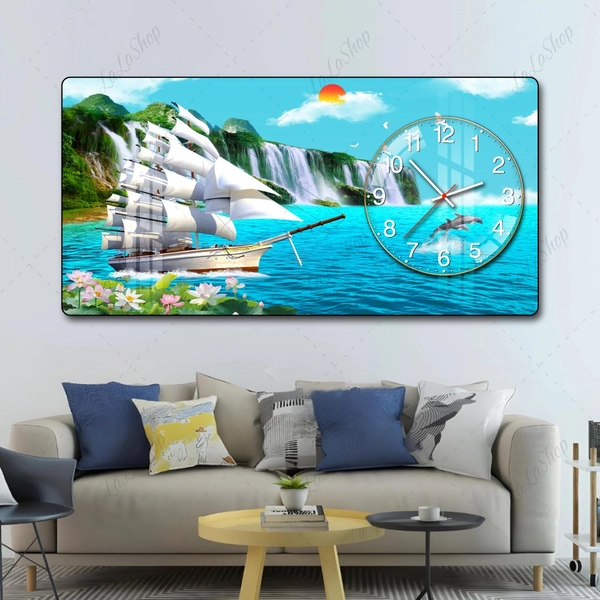 Tranh Đồng Hồ Nổi 3D Thuận Buồm Xuôi Gió Và Thác Nước Hùng Vĩ