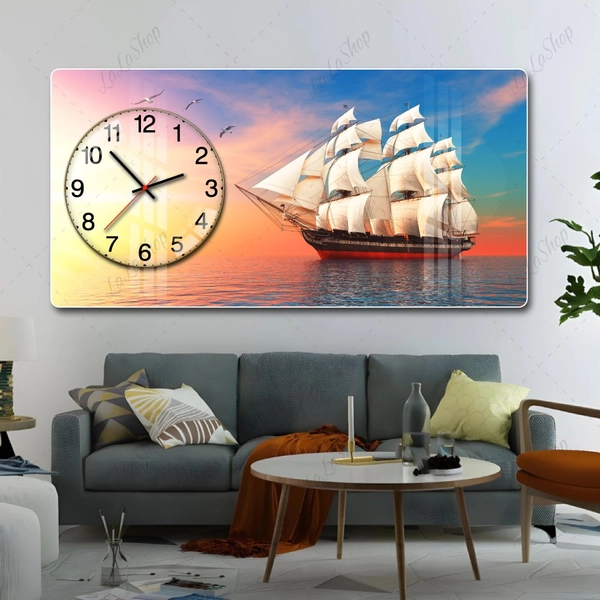 Tranh Đồng Hồ Nổi 3D Thuận Buồm Xuôi Gió Và Hoàng Hôn Trên Biển
