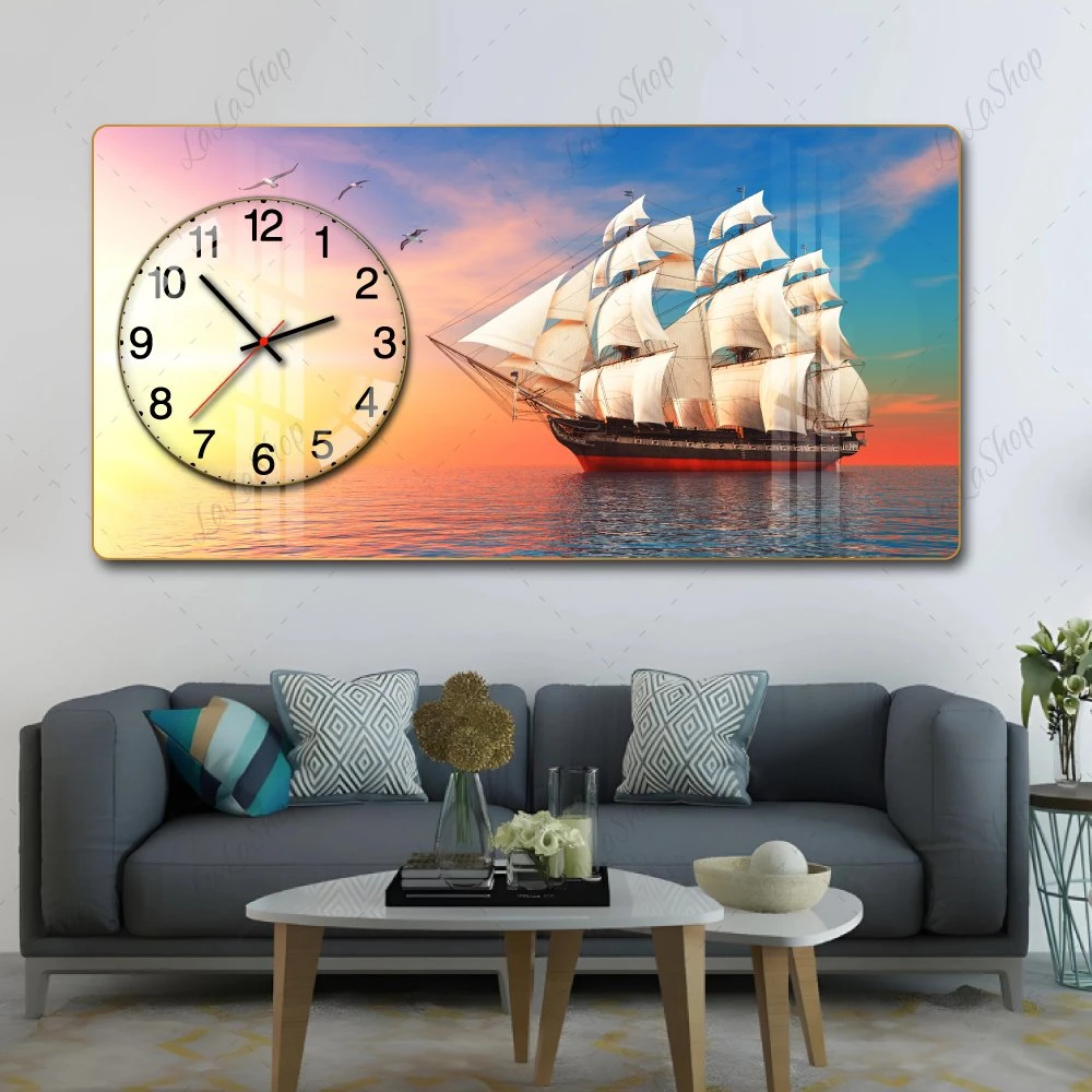 Tranh Đồng Hồ Nổi 3D Thuận Buồm Xuôi Gió Và Hoàng Hôn Trên Biển