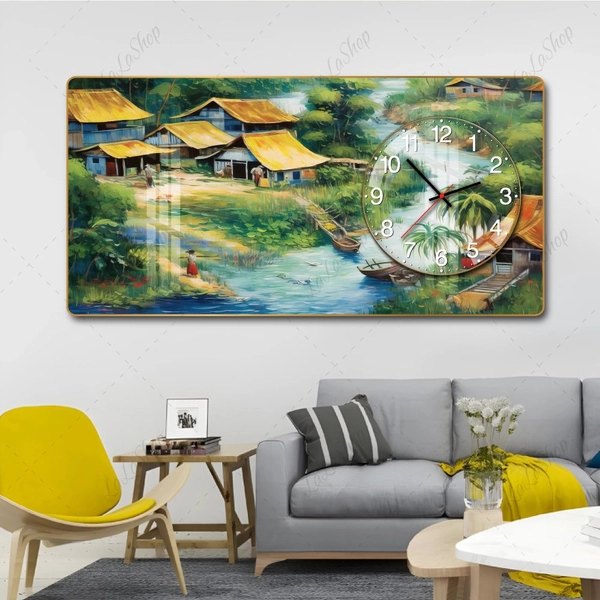 Tranh Đồng Hồ Nổi 3D Dòng Sông Ký Ức Và Ngôi Nhà Xưa