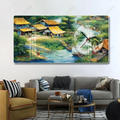 Tranh Đồng Hồ Nổi 3D Dòng Sông Ký Ức Và Ngôi Nhà Xưa