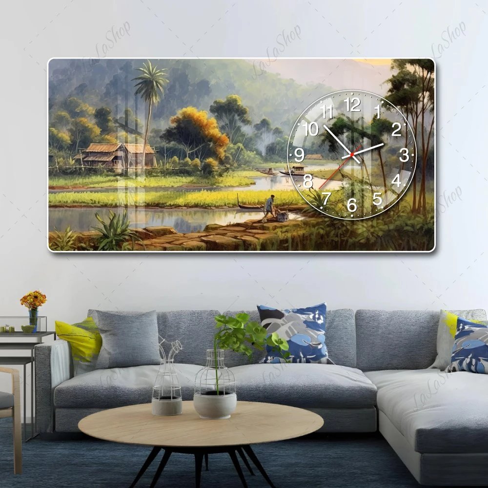 Tranh Đồng Hồ Nổi 3D Nắng Chiều Trên Làng Quê Thanh Bình