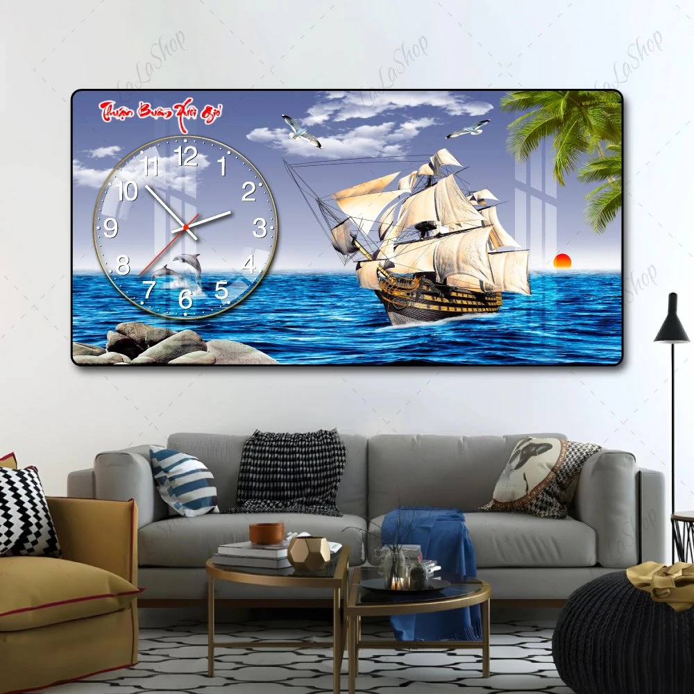 Tranh Đồng Hồ Nổi 3D Thuận Buồm Xuôi Gió Và Bình Minh Trên Biển