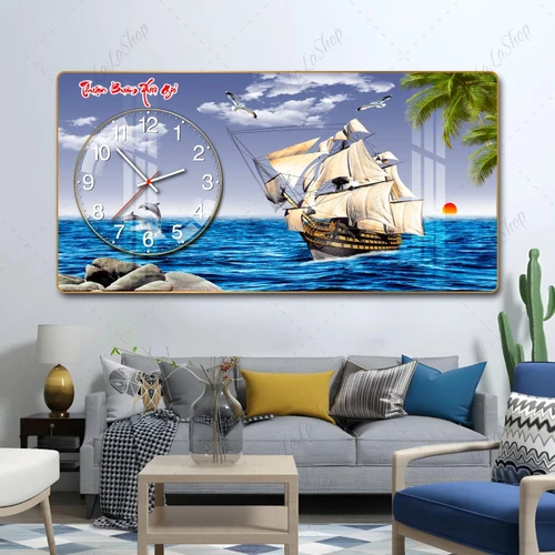 Tranh Đồng Hồ Nổi 3D Thuận Buồm Xuôi Gió Và Bình Minh Trên Biển