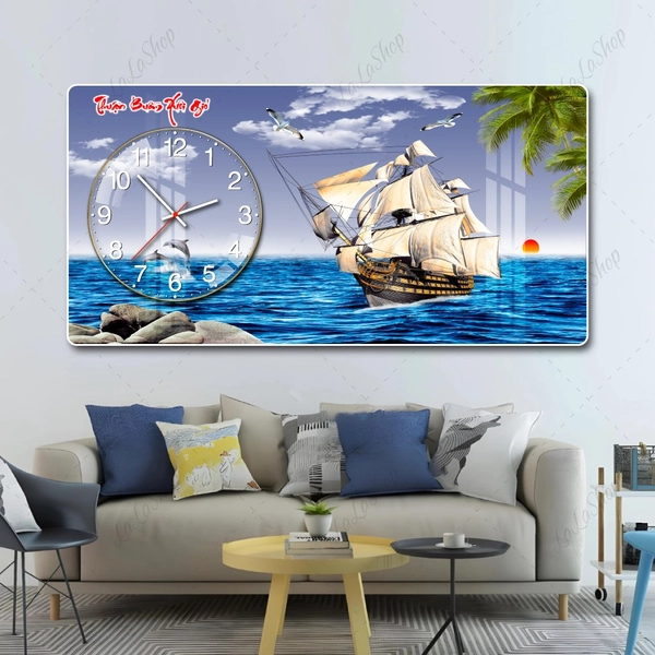 Tranh Đồng Hồ Nổi 3D Thuận Buồm Xuôi Gió Và Bình Minh Trên Biển