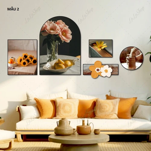 Set 5 Tranh Dán Tường Bình Hoa Và Lá Nghệ Thuật Có Keo Sẵn