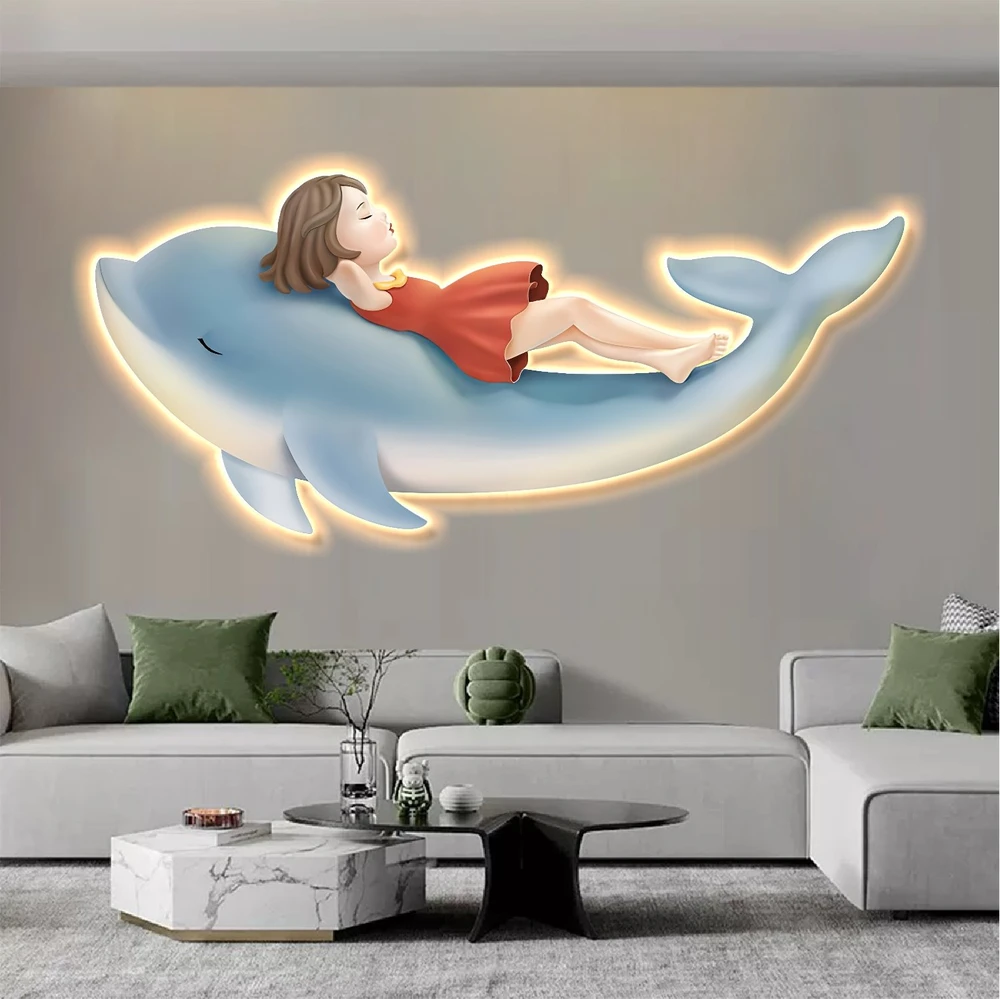 Tranh Đèn Led Tráng Gương cao cấp Cô Gái Và Cá Heo