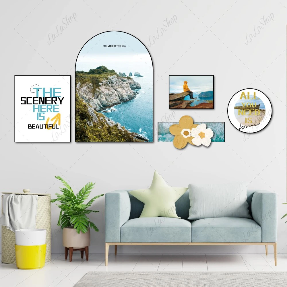 Set 5 Tranh Dán Tường Phong Cảnh Biển Nghệ Thuật Có Keo Sẵn