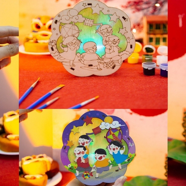 Lồng Đèn Trung Thu Bằng Gỗ Các Bé Vui Rước Đèn Đêm Trăng