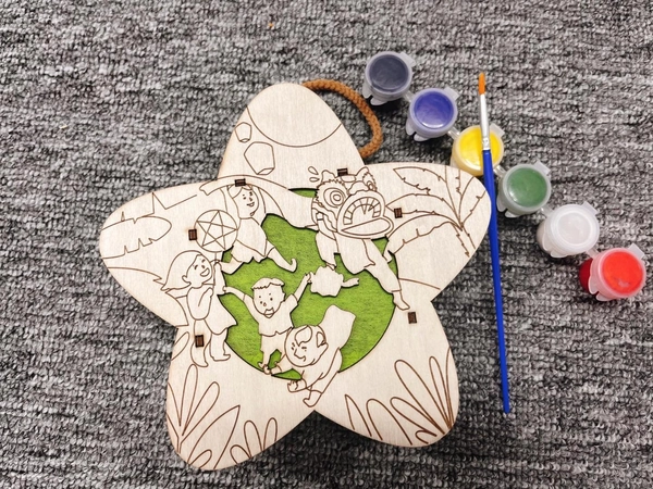 Lồng Đèn Trung Thu Bằng Gỗ Hình Ngôi Sao Bé Múa Lân