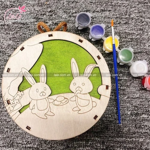 Lồng Đèn Trung Thu Bằng Gỗ Hình Tròn Thỏ Trắng