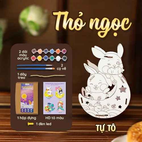 Lồng Đèn Trung Thu Bằng Gỗ Thỏ Ngọc Vui Đùa Bên Ánh Trăng Vàng