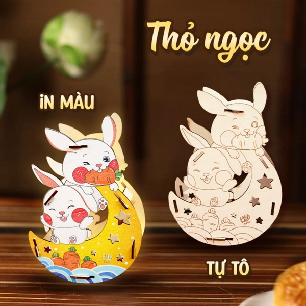 Lồng Đèn Trung Thu Bằng Gỗ Thỏ Ngọc Vui Đùa Bên Ánh Trăng Vàng