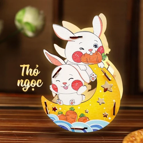 Lồng Đèn Trung Thu Bằng Gỗ Thỏ Ngọc Vui Đùa Bên Ánh Trăng Vàng