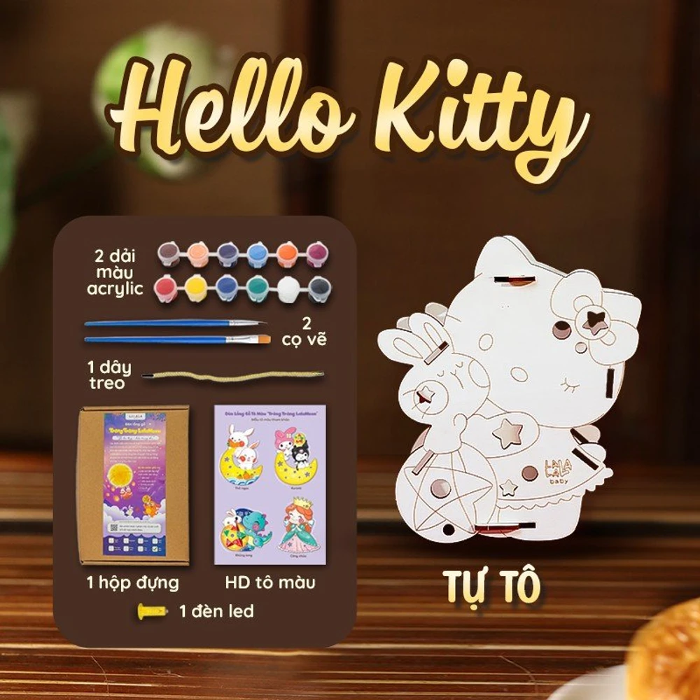 Lồng Đèn Trung Thu Bằng Gỗ Mèo Kitty Và Thỏ Ngọc Rước Đèn Đón Trăng