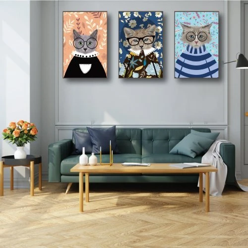 Tranh treo tường nghệ thuật ba chú mèo đeo kính (KE-099)