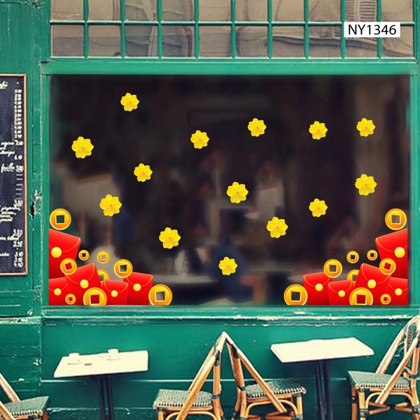 Decal Trang Trí Tết Góc Bao Lì Xì Đỏ Và Đồng Tiền Vàng Tài Lộc