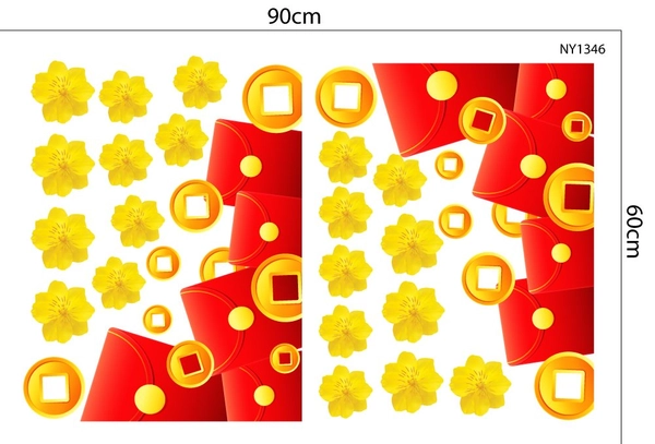 Decal Trang Trí Tết Góc Bao Lì Xì Đỏ Và Đồng Tiền Vàng Tài Lộc