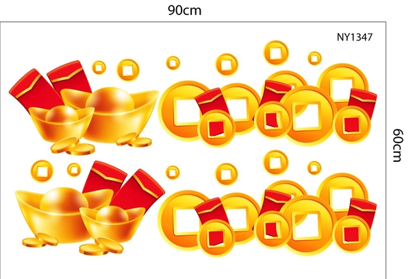 Decal Trang Trí Tết Chân Tường Bao Lì Xì Đỏ Và Đồng Tiền Vàng Phát Tài