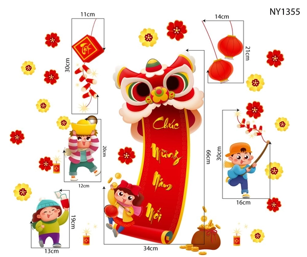 Decal trang trí tết các bé múa lân vui xuân chúc mừng năm mới