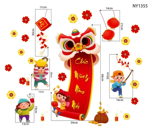 Decal trang trí tết các bé múa lân vui xuân chúc mừng năm mới