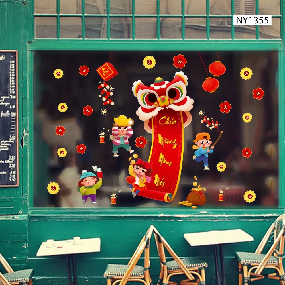 Decal trang trí tết các bé múa lân vui xuân chúc mừng năm mới