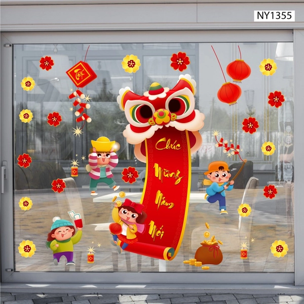 Decal trang trí tết các bé múa lân vui xuân chúc mừng năm mới