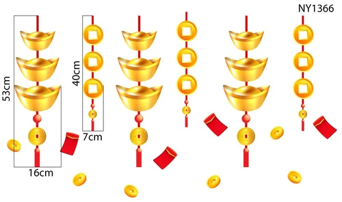 Decal trang trí tết dây treo thỏi vàng và lì xì đỏ tài lộc